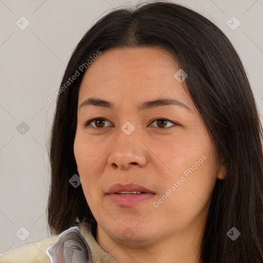 Joyful black adult female with medium  brown hair and brown eyes