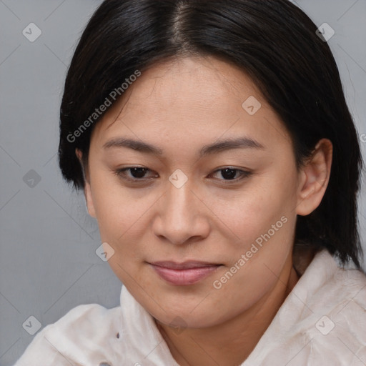 Joyful asian young-adult female with medium  brown hair and brown eyes