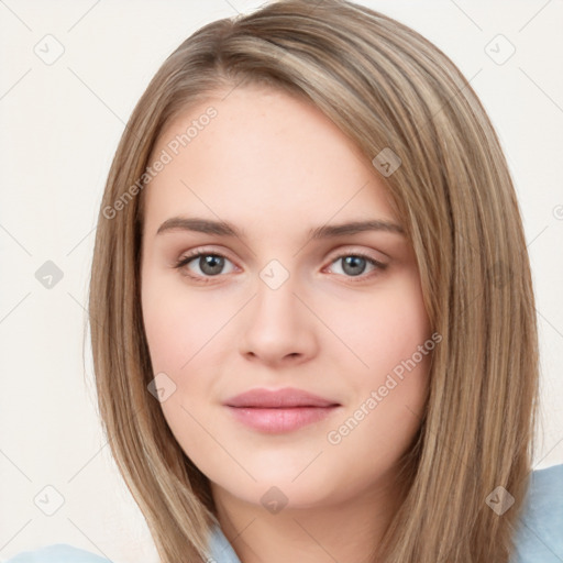 Neutral white young-adult female with long  brown hair and brown eyes