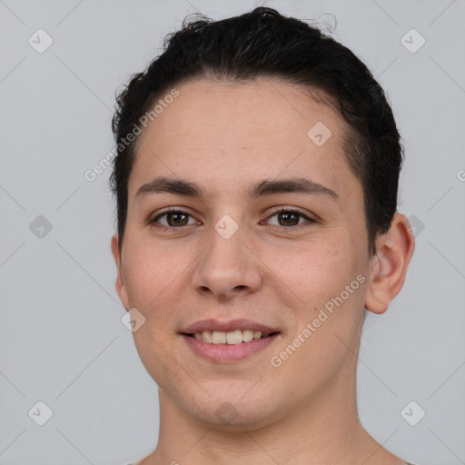 Joyful white young-adult female with short  brown hair and brown eyes