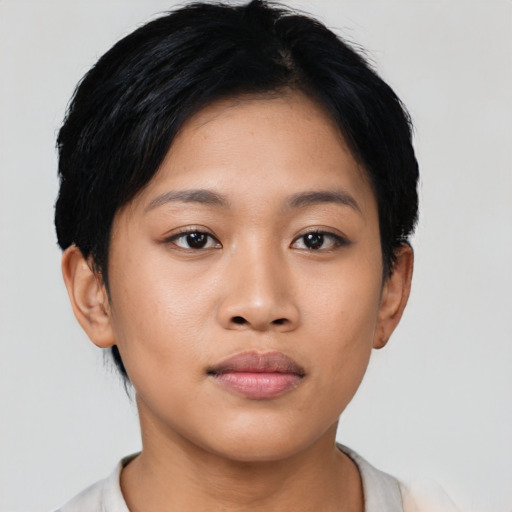 Neutral asian young-adult female with short  black hair and brown eyes