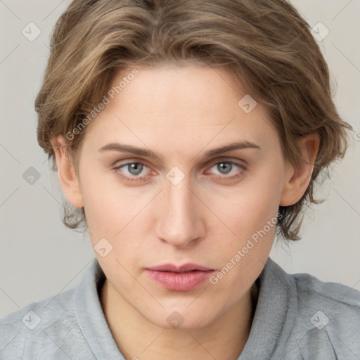 Neutral white young-adult female with medium  brown hair and grey eyes