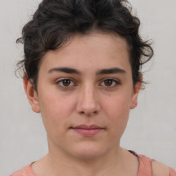 Neutral white young-adult female with short  brown hair and brown eyes