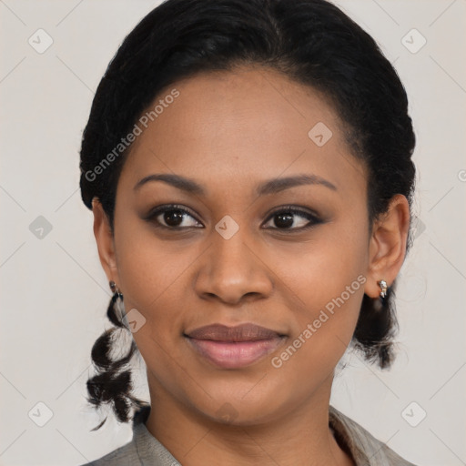 Joyful black young-adult female with medium  black hair and brown eyes