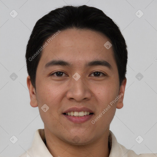 Joyful white young-adult male with short  black hair and brown eyes