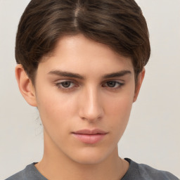 Neutral white young-adult female with short  brown hair and brown eyes