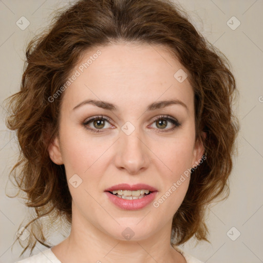 Joyful white young-adult female with medium  brown hair and green eyes