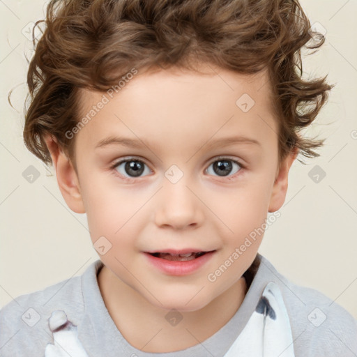 Joyful white child female with short  brown hair and brown eyes