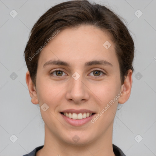 Joyful white young-adult female with short  brown hair and grey eyes