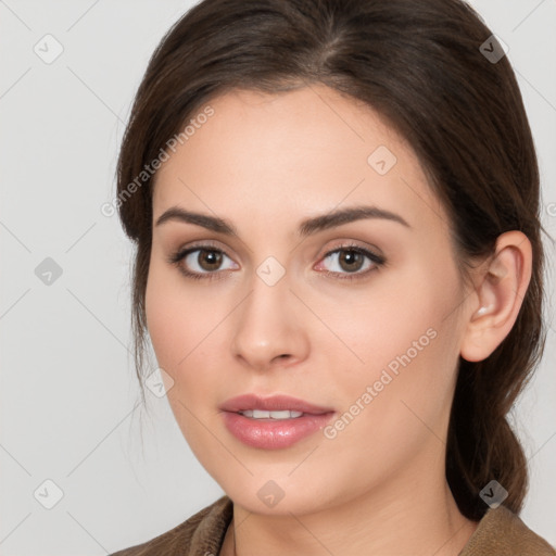 Neutral white young-adult female with medium  brown hair and brown eyes