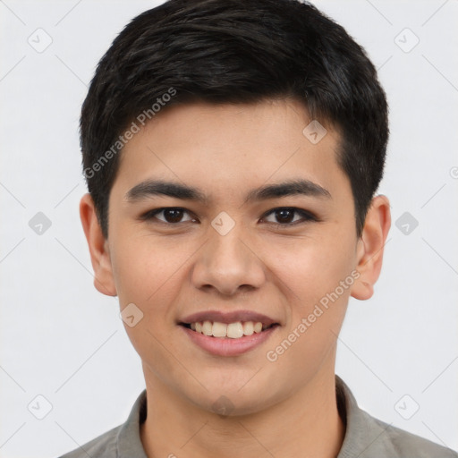 Joyful white young-adult male with short  black hair and brown eyes