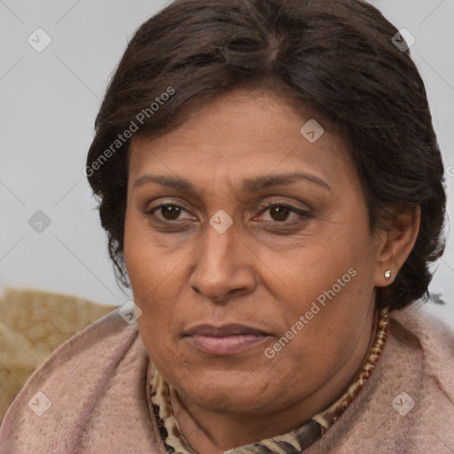 Joyful white adult female with short  brown hair and brown eyes