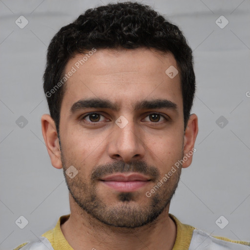 Neutral white young-adult male with short  brown hair and brown eyes