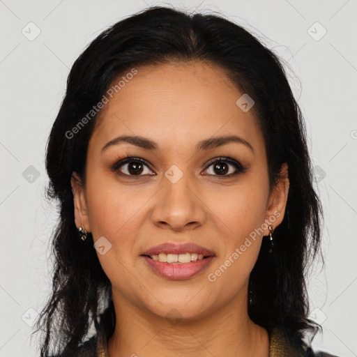 Joyful latino young-adult female with long  brown hair and brown eyes