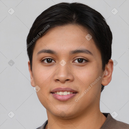 Joyful asian young-adult female with short  brown hair and brown eyes