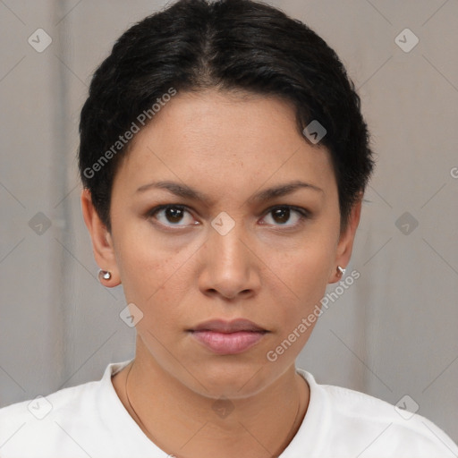 Neutral white young-adult female with short  brown hair and brown eyes