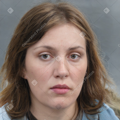 Neutral white young-adult female with medium  brown hair and grey eyes