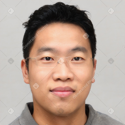 Neutral asian young-adult male with short  black hair and brown eyes