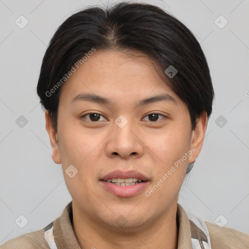 Joyful asian young-adult female with short  brown hair and brown eyes