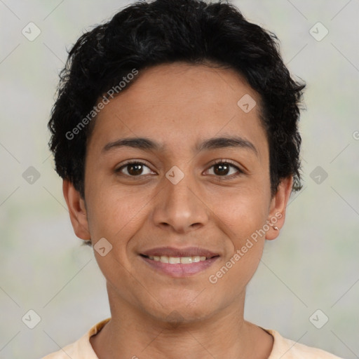 Joyful latino young-adult female with short  brown hair and brown eyes