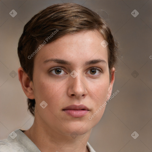 Neutral white young-adult female with short  brown hair and brown eyes