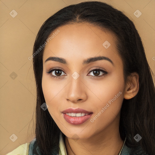 Joyful latino young-adult female with long  black hair and brown eyes