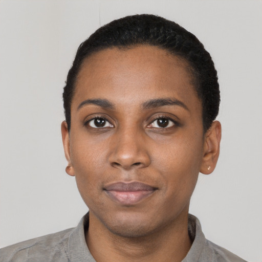 Neutral latino young-adult female with short  black hair and brown eyes