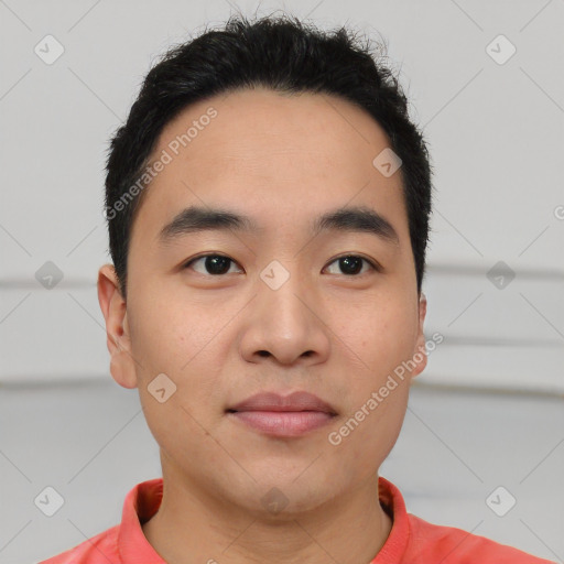 Neutral asian young-adult male with short  black hair and brown eyes