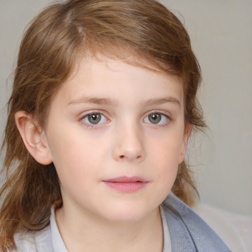 Neutral white child female with medium  brown hair and blue eyes