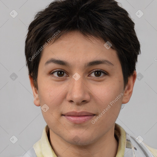 Joyful white young-adult female with short  brown hair and brown eyes