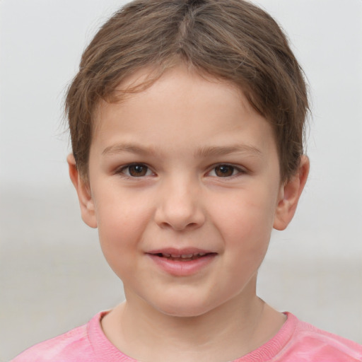 Joyful white child female with short  brown hair and brown eyes