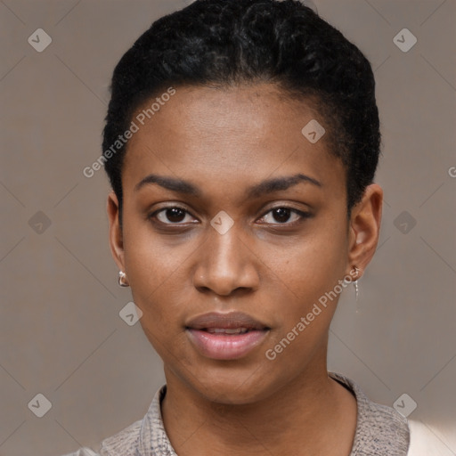 Neutral black young-adult female with short  black hair and brown eyes