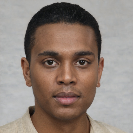 Neutral black young-adult male with short  brown hair and brown eyes