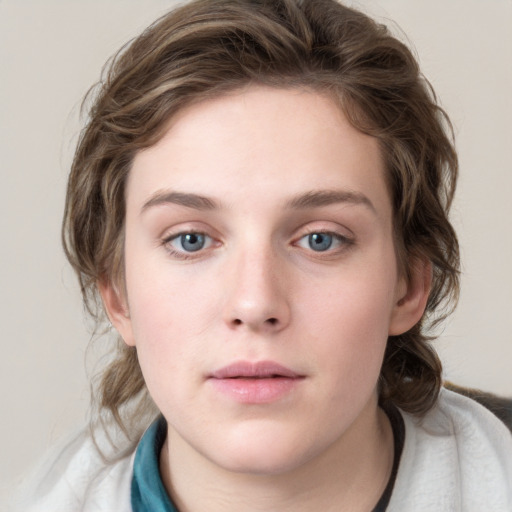 Neutral white young-adult female with medium  brown hair and blue eyes