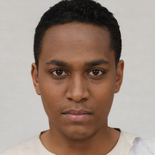 Neutral black young-adult male with short  black hair and brown eyes