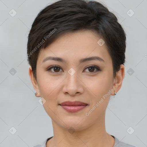 Joyful asian young-adult female with short  brown hair and brown eyes