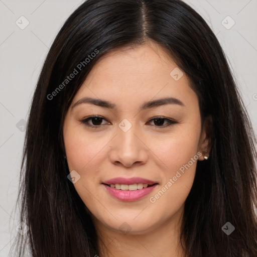 Joyful asian young-adult female with long  brown hair and brown eyes