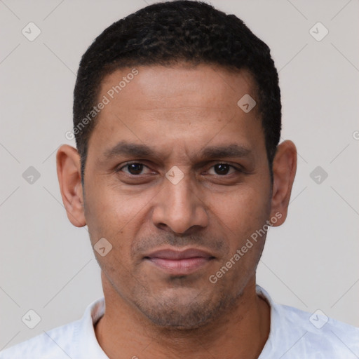 Neutral latino young-adult male with short  black hair and brown eyes