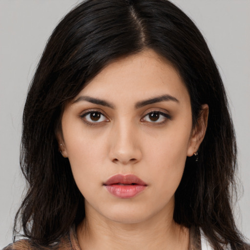 Neutral asian young-adult female with long  black hair and brown eyes