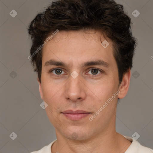 Neutral white young-adult male with short  brown hair and brown eyes