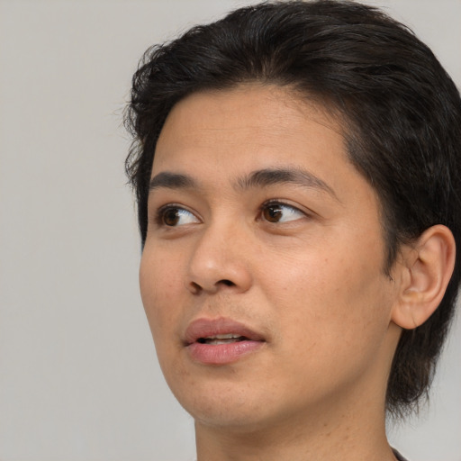 Neutral asian young-adult male with short  brown hair and brown eyes