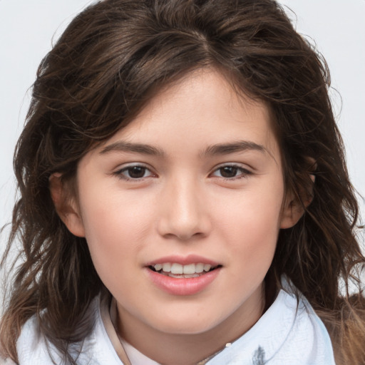 Joyful white child female with medium  brown hair and brown eyes