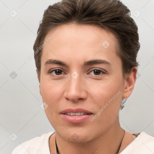 Joyful white young-adult female with short  brown hair and brown eyes