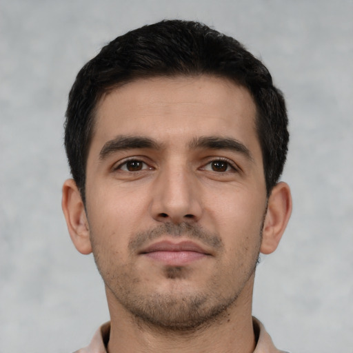 Neutral white young-adult male with short  brown hair and brown eyes