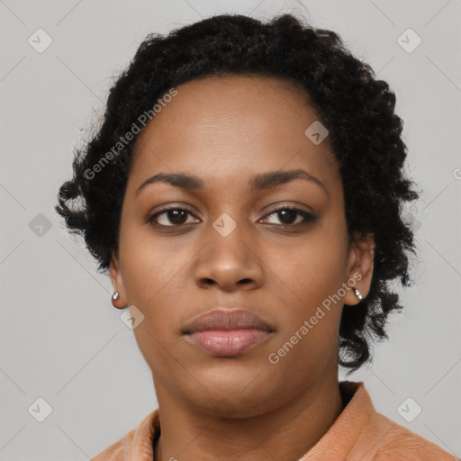 Neutral black young-adult female with short  black hair and brown eyes