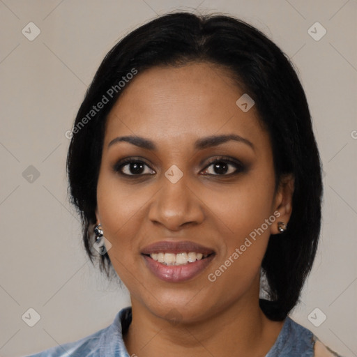 Joyful black young-adult female with medium  black hair and brown eyes