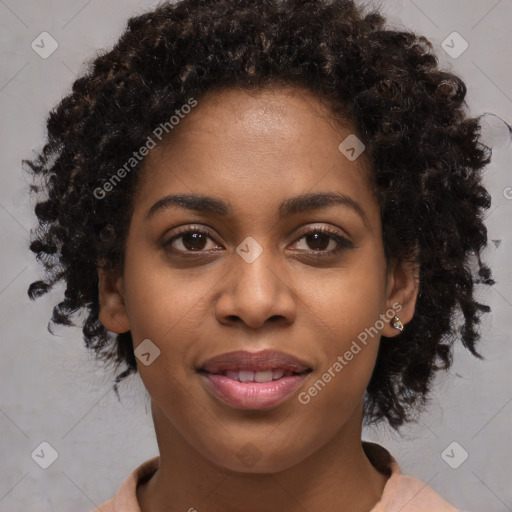 Joyful black young-adult female with medium  brown hair and brown eyes