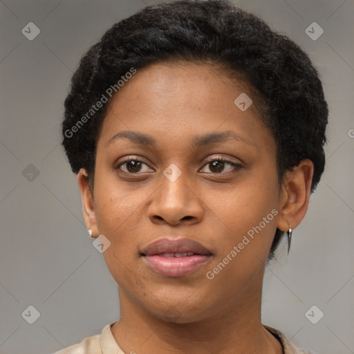 Joyful black young-adult female with short  brown hair and brown eyes