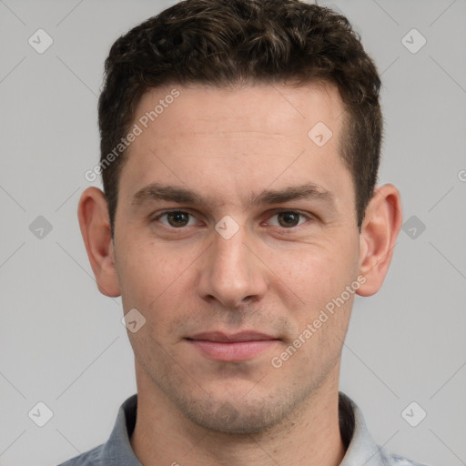 Neutral white young-adult male with short  brown hair and grey eyes