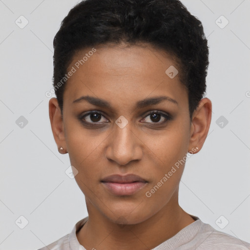 Joyful latino young-adult female with short  brown hair and brown eyes